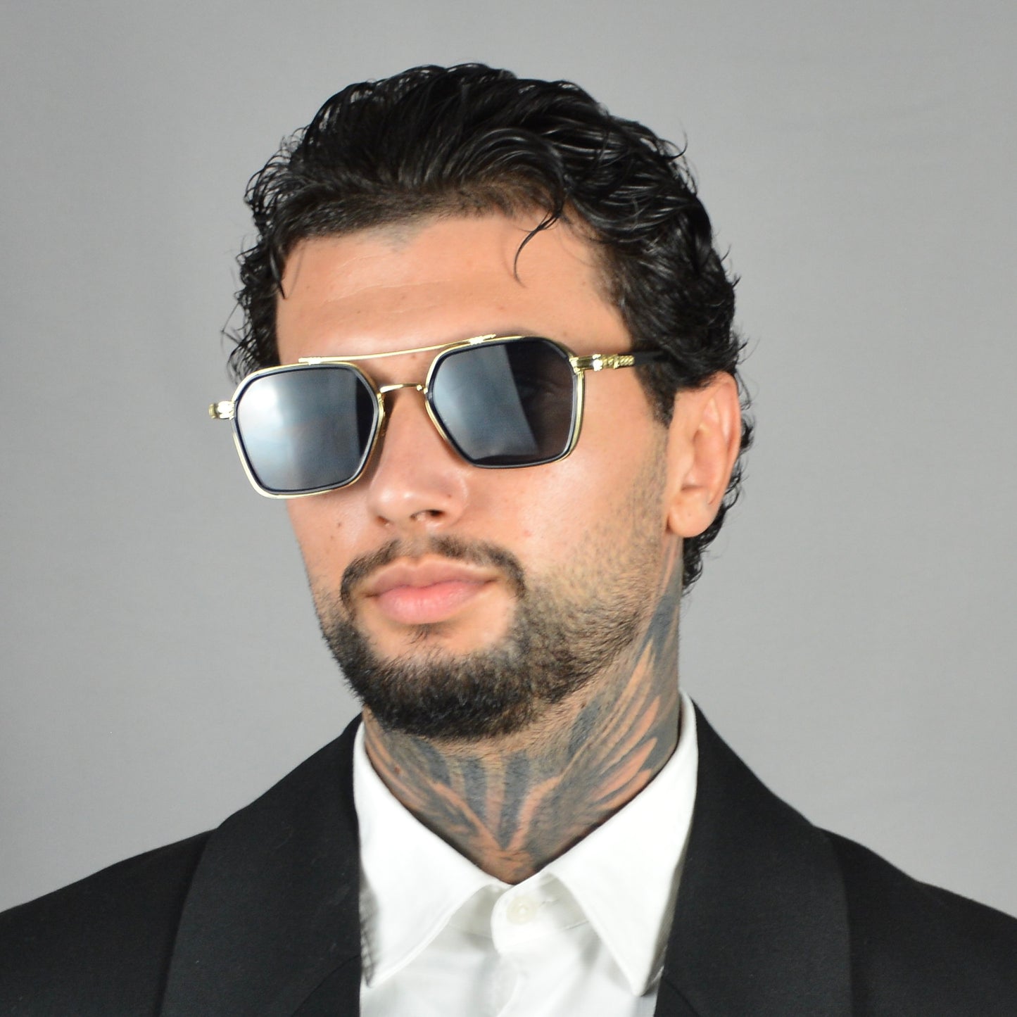 Ochelari de Soare Barbati Retro Black Gold Hexagonali