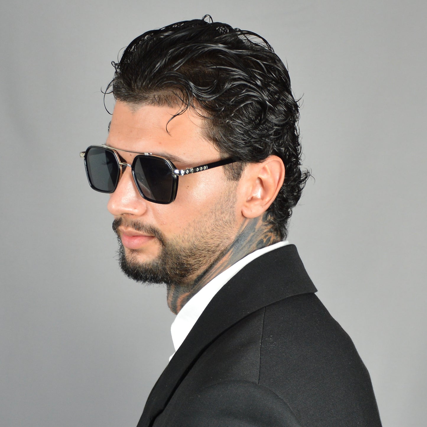 Ochelari de Soare Barbati Retro Black Silver Hexagonali