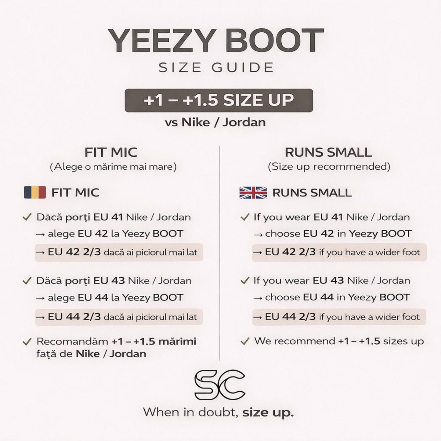 Yeezy Boot size guide comparing to Nike and Jordan shoes on a white background