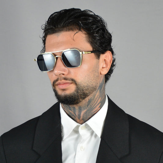 Ochelari de Soare Barbati Retro Black Gold Hexagonali