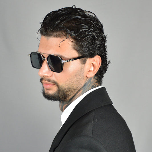 Ochelari de Soare Barbati Retro Black Silver Hexagonali